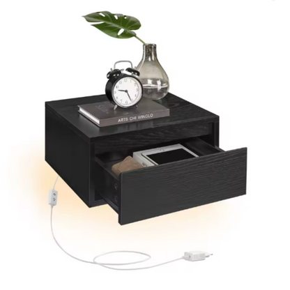 VASAGLE – Table de chevet suspendue avec lumière LED 3 couleurs, tiroir et étagère murale, style moderne pour chambre ou salon (35 x 40 x 18 cm)